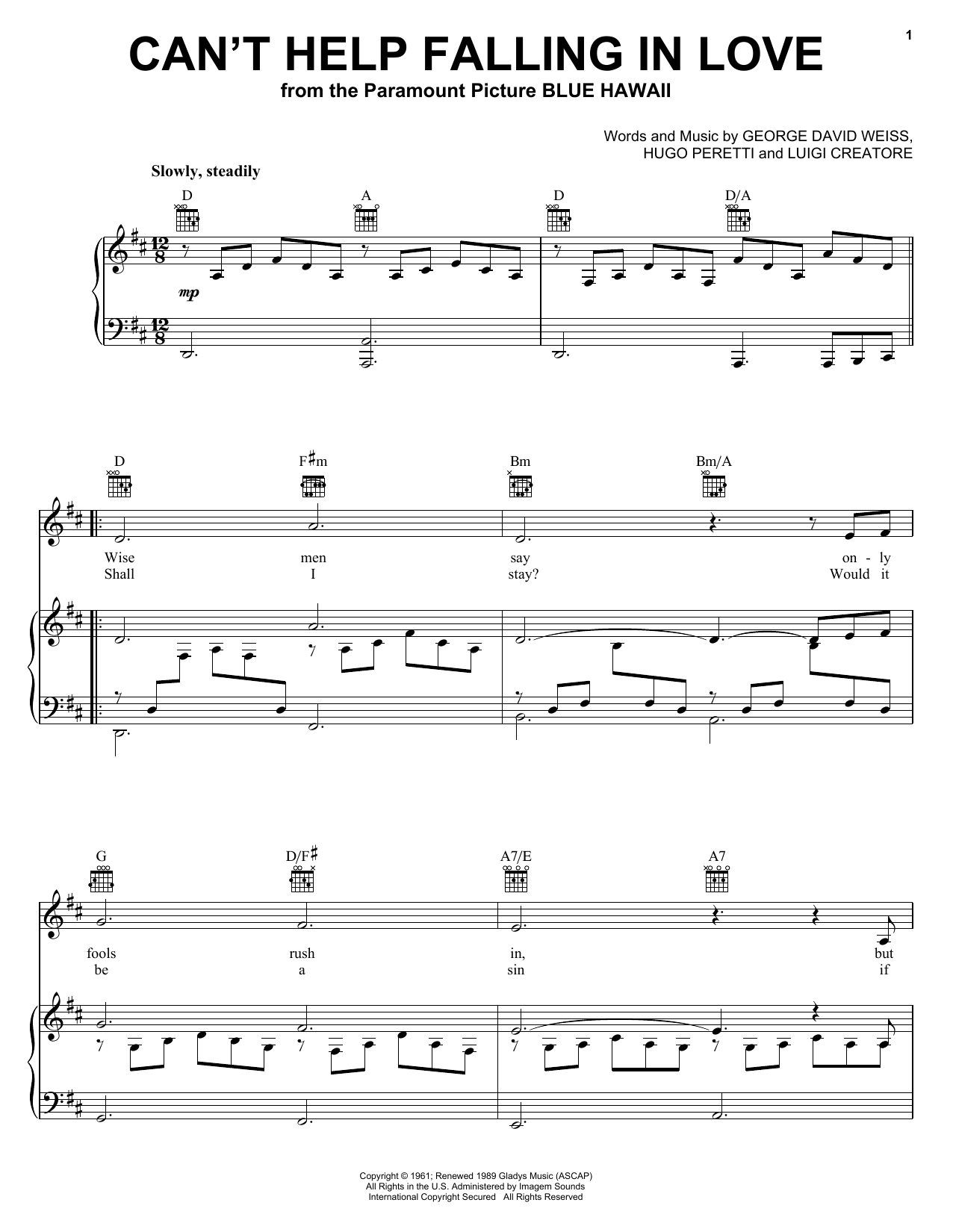 Download Elvis Presley Can't Help Falling In Love Sheet Music and learn how to play Melody Line, Lyrics & Chords PDF digital score in minutes