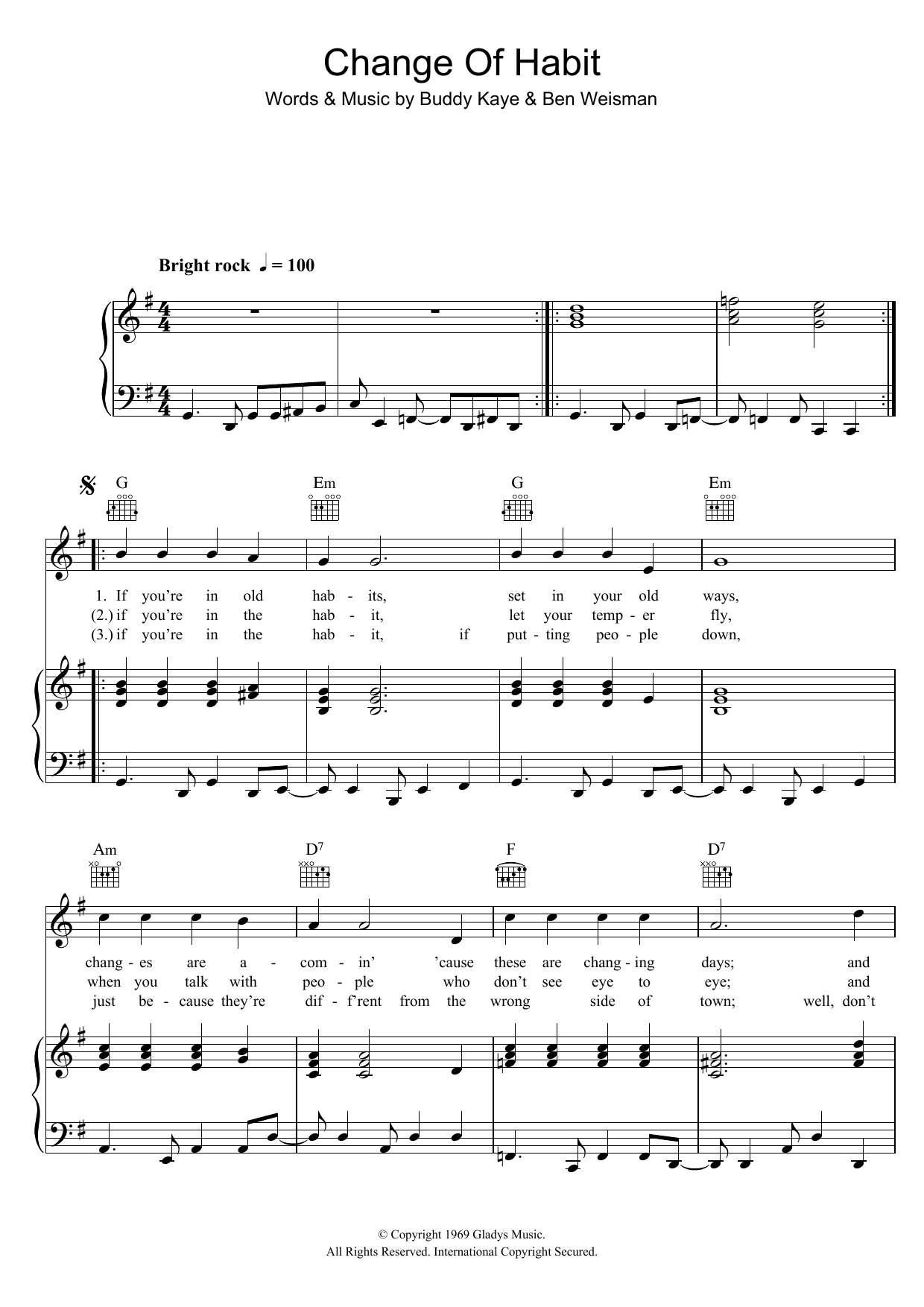 Download Elvis Presley Change Of Habit Sheet Music and learn how to play Piano, Vocal & Guitar (Right-Hand Melody) PDF digital score in minutes