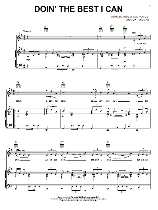 Download Elvis Presley Doin' The Best I Can Sheet Music and learn how to play Piano, Vocal & Guitar (Right-Hand Melody) PDF digital score in minutes
