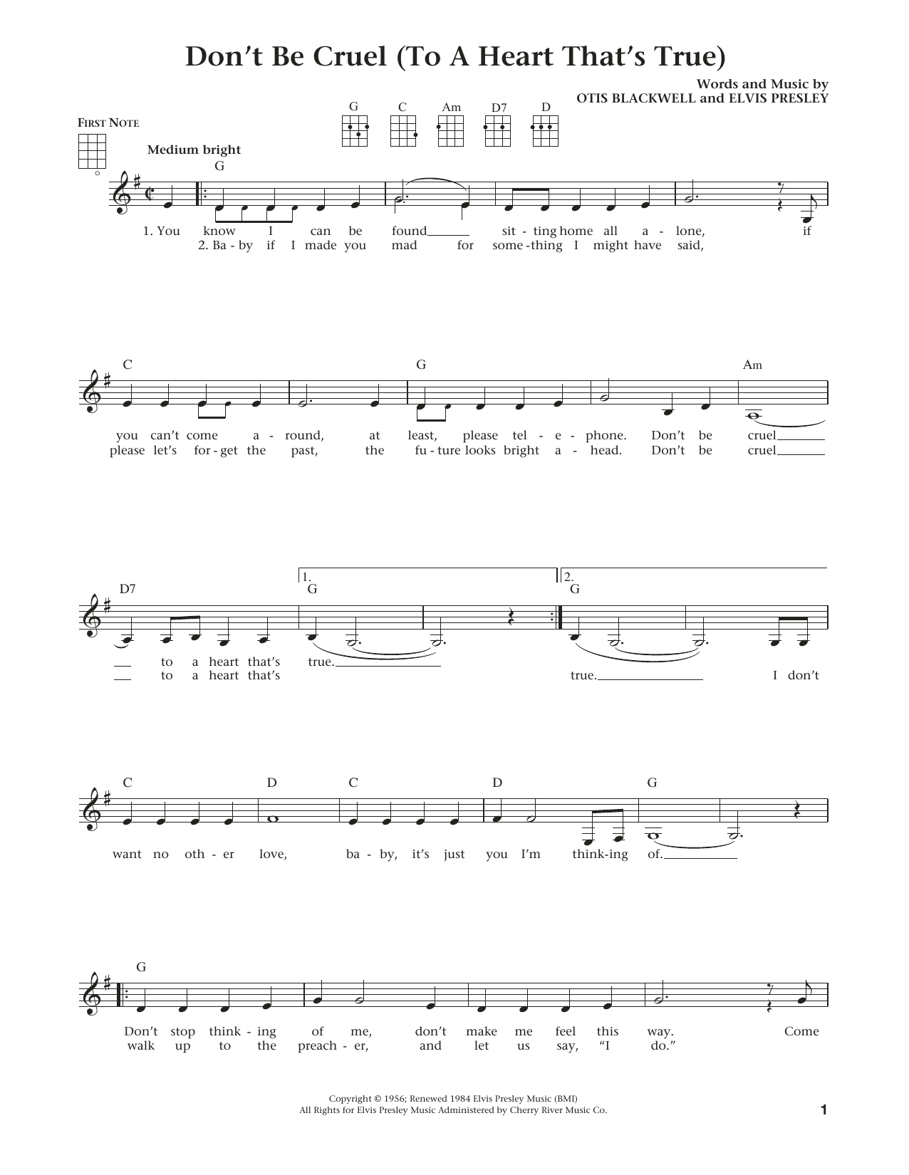 Download Elvis Presley Don't Be Cruel (To A Heart That's True) Sheet Music and learn how to play Ukulele PDF digital score in minutes