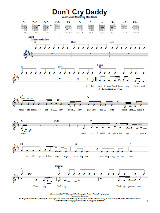 Download Elvis Presley Don't Cry Daddy Sheet Music and learn how to play Lyrics & Chords PDF digital score in minutes