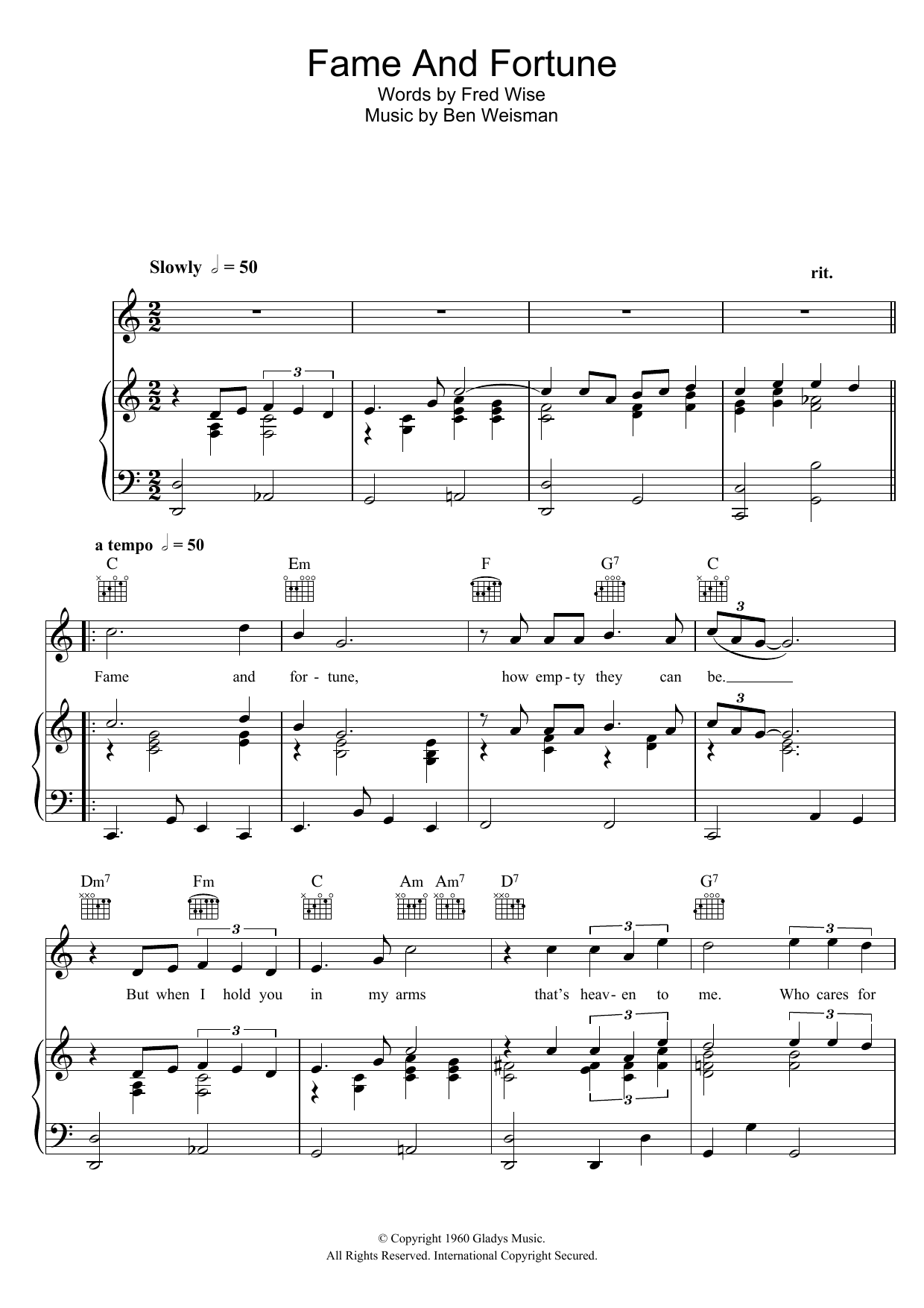 Download Elvis Presley Fame And Fortune Sheet Music and learn how to play Piano, Vocal & Guitar Chords (Right-Hand Melody) PDF digital score in minutes