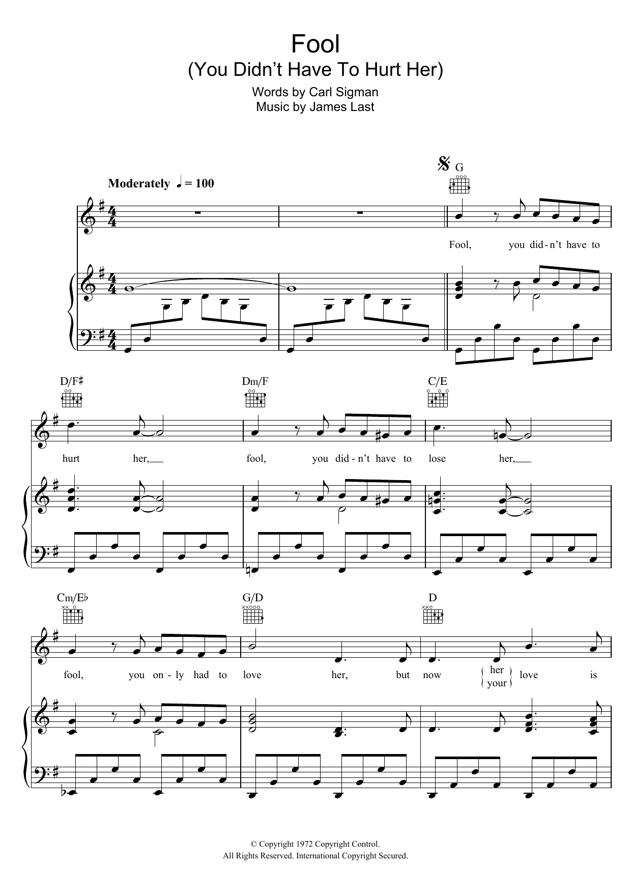 Download Elvis Presley Fool (You Didn't Have To Hurt Her) Sheet Music and learn how to play Piano, Vocal & Guitar (Right-Hand Melody) PDF digital score in minutes