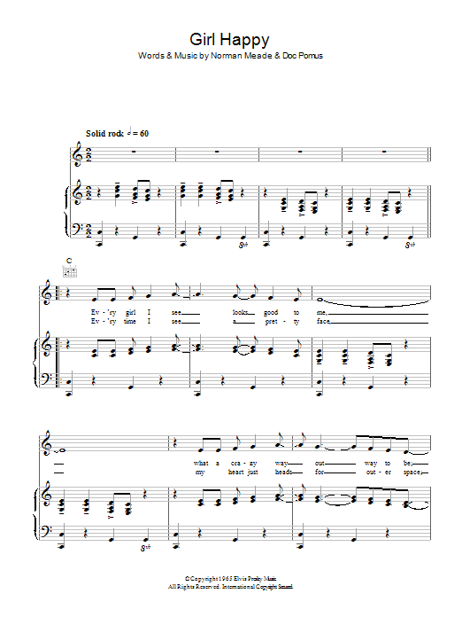 Download Elvis Presley Girl Happy Sheet Music and learn how to play Piano, Vocal & Guitar (Right-Hand Melody) PDF digital score in minutes