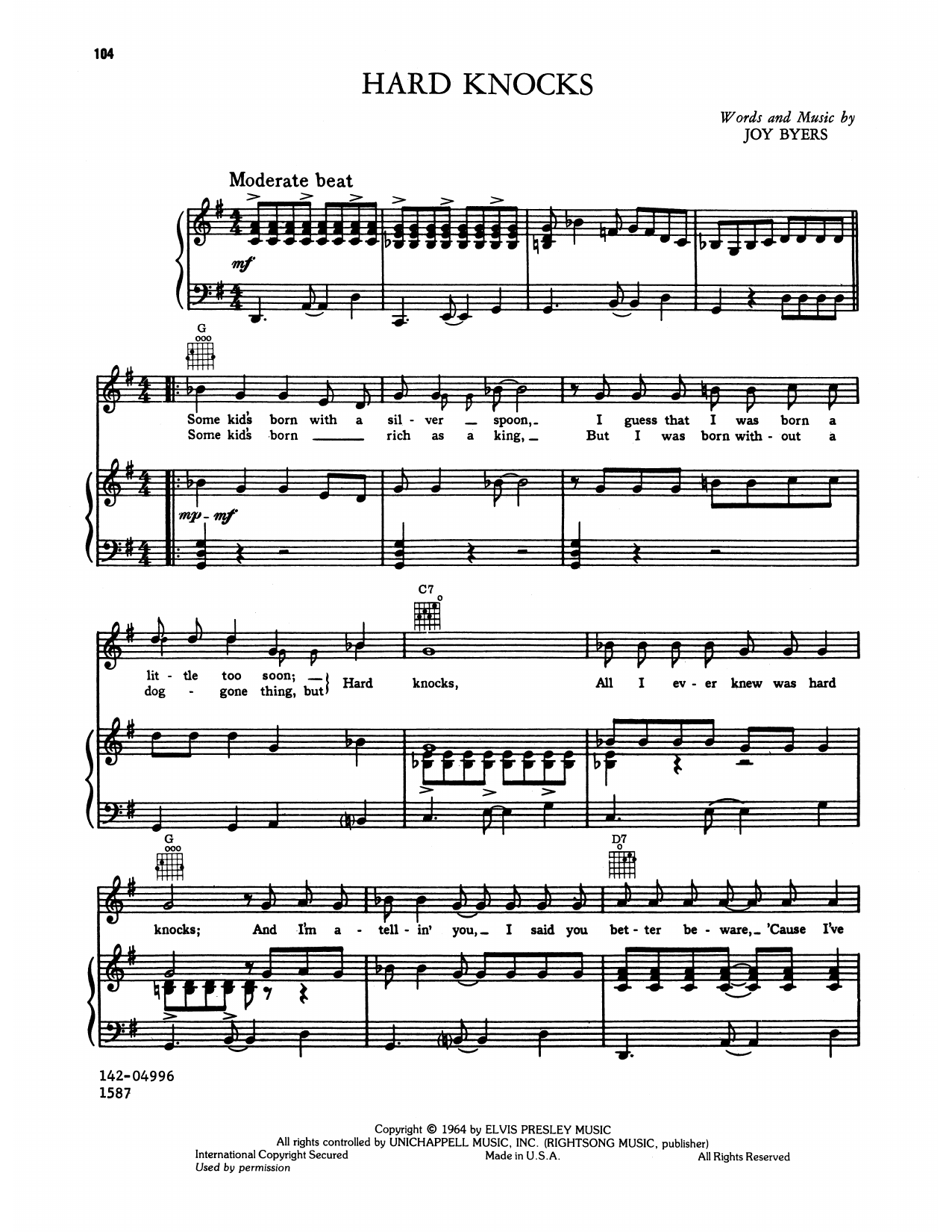 Download Elvis Presley Hard Knocks Sheet Music and learn how to play Piano, Vocal & Guitar Chords (Right-Hand Melody) PDF digital score in minutes