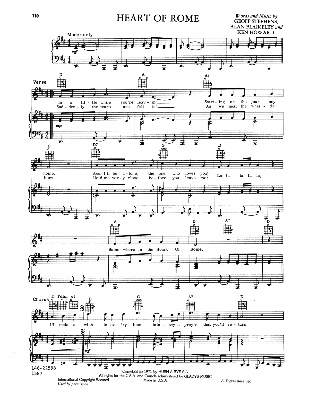 Download Elvis Presley Heart Of Rome Sheet Music and learn how to play Piano, Vocal & Guitar Chords (Right-Hand Melody) PDF digital score in minutes