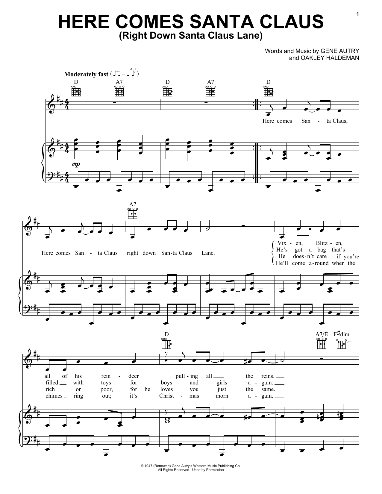 Download Elvis Presley Here Comes Santa Claus (Right Down Santa Claus Lane) Sheet Music and learn how to play Piano, Vocal & Guitar Chords (Right-Hand Melody) PDF digital score in minutes