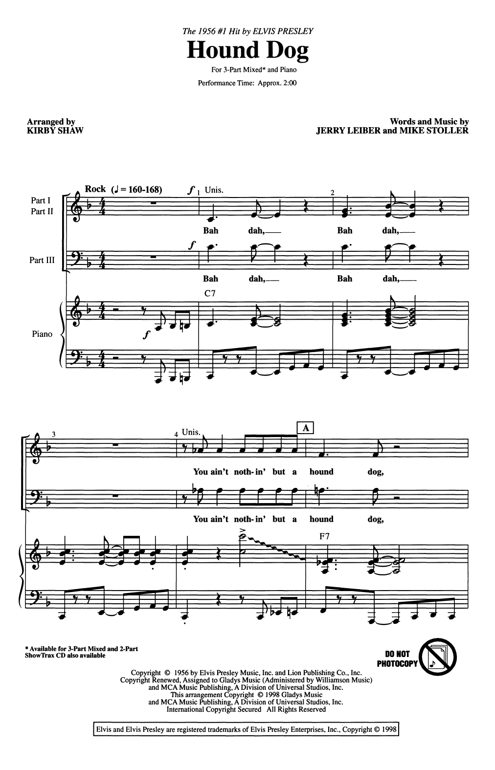 Download Elvis Presley Hound Dog (arr. Kirby Shaw) Sheet Music and learn how to play 2-Part Choir PDF digital score in minutes