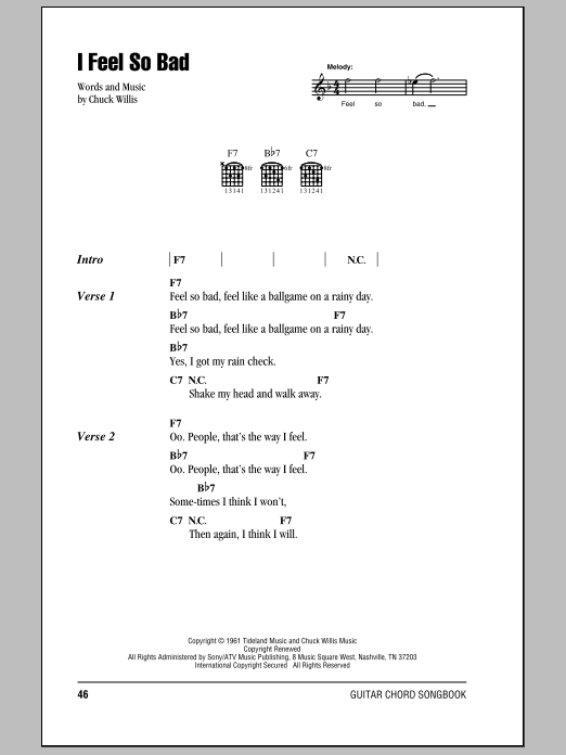 Download Elvis Presley I Feel So Bad Sheet Music and learn how to play Piano, Vocal & Guitar (Right-Hand Melody) PDF digital score in minutes