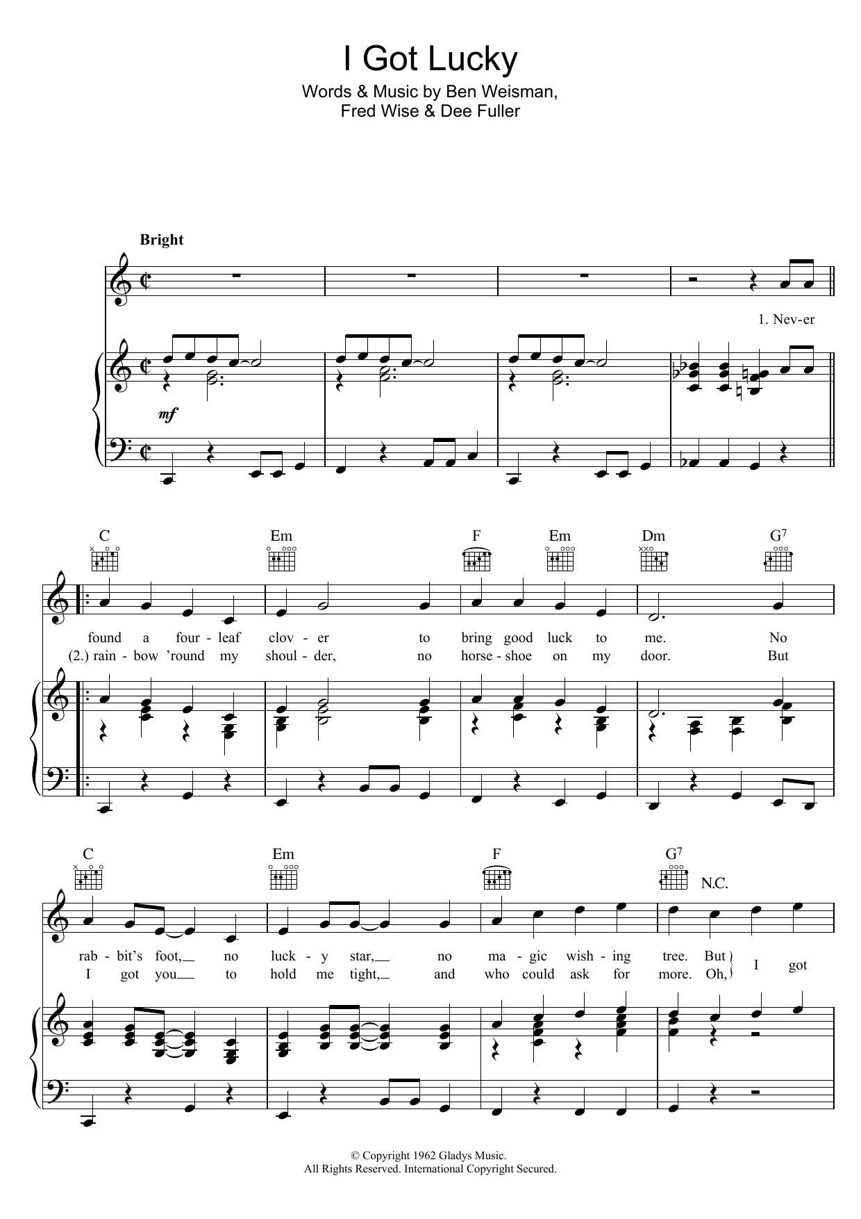 Download Elvis Presley I Got Lucky Sheet Music and learn how to play Piano, Vocal & Guitar (Right-Hand Melody) PDF digital score in minutes