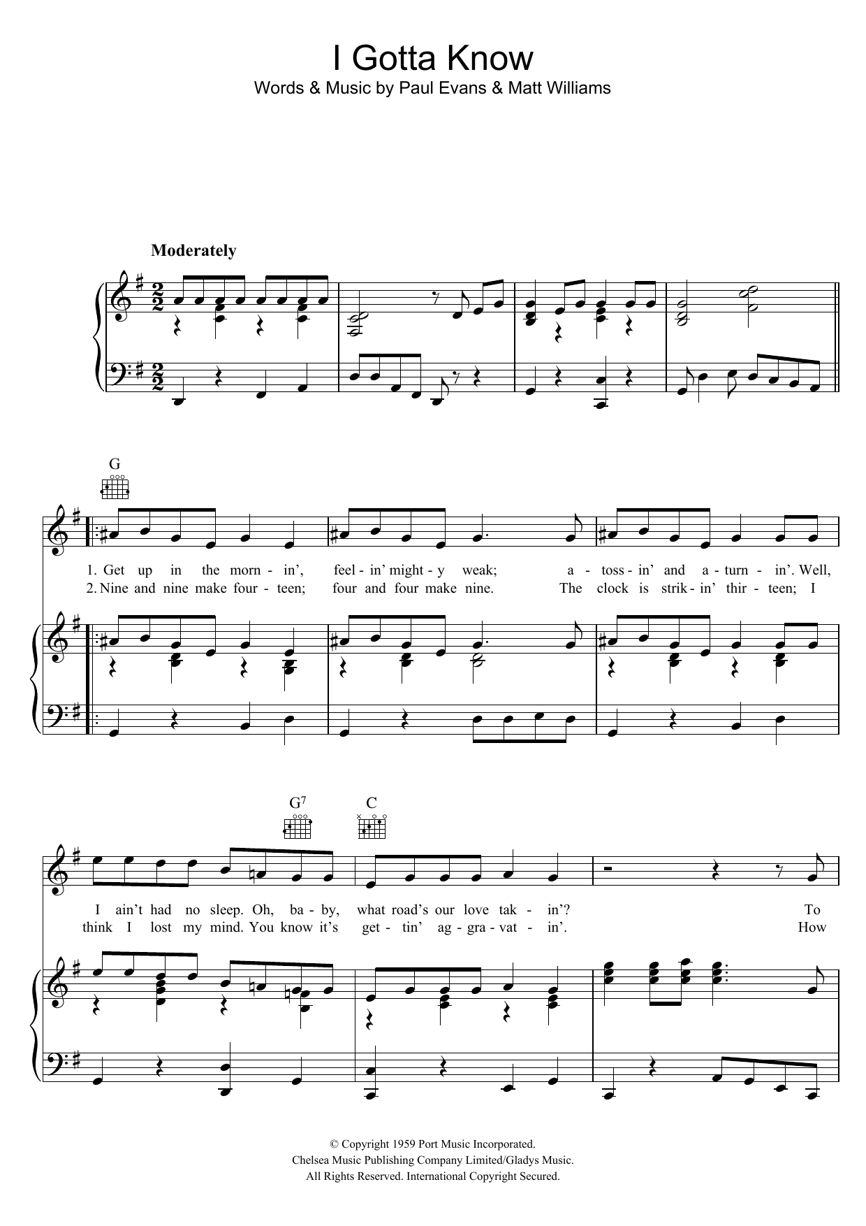 Download Elvis Presley I Gotta Know Sheet Music and learn how to play Piano, Vocal & Guitar (Right-Hand Melody) PDF digital score in minutes