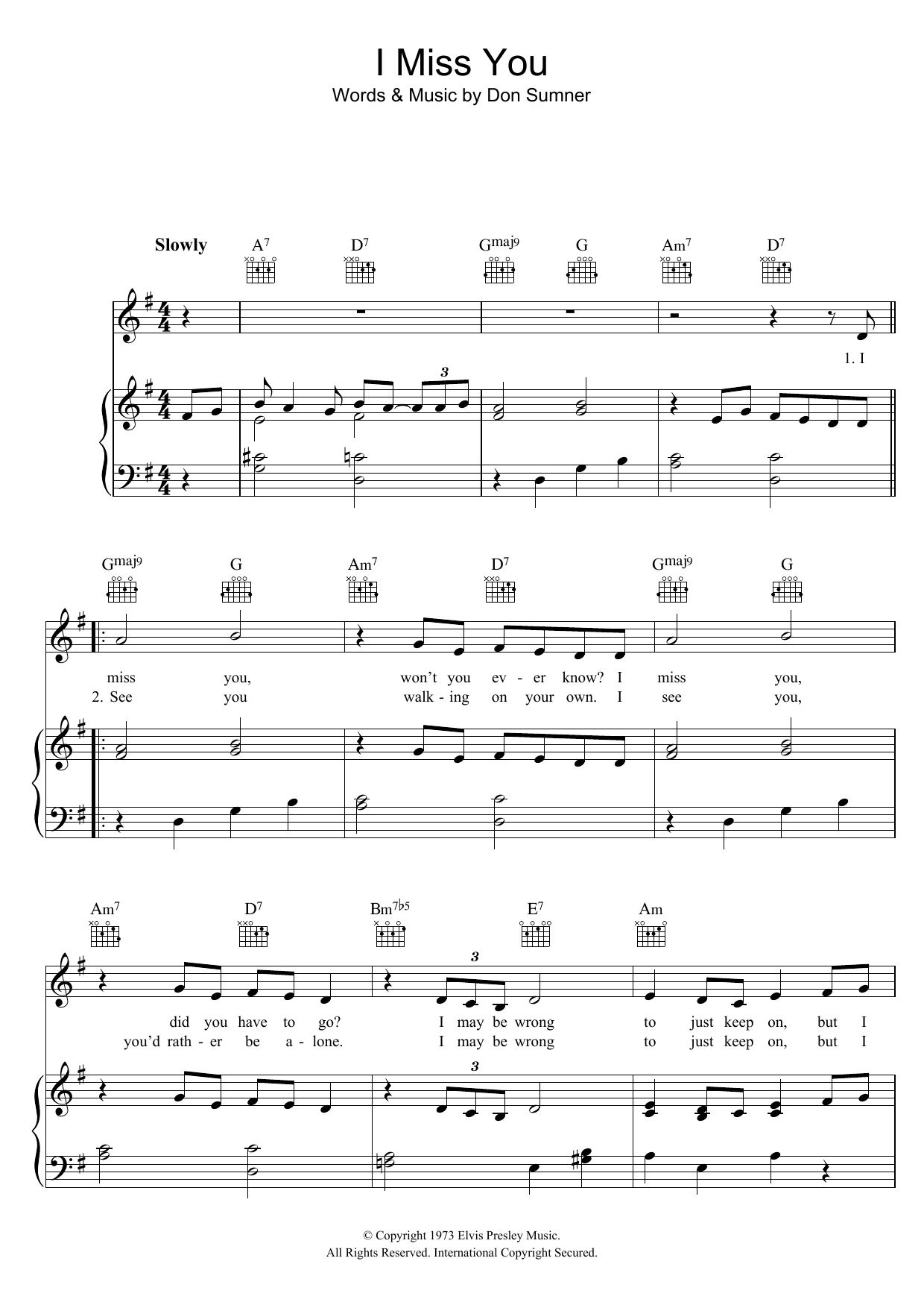 Download Elvis Presley I Miss You Sheet Music and learn how to play Piano, Vocal & Guitar (Right-Hand Melody) PDF digital score in minutes