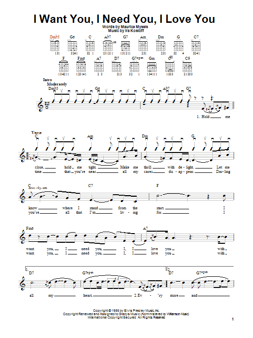 Download Elvis Presley I Want You, I Need You, I Love You Sheet Music and learn how to play Voice PDF digital score in minutes