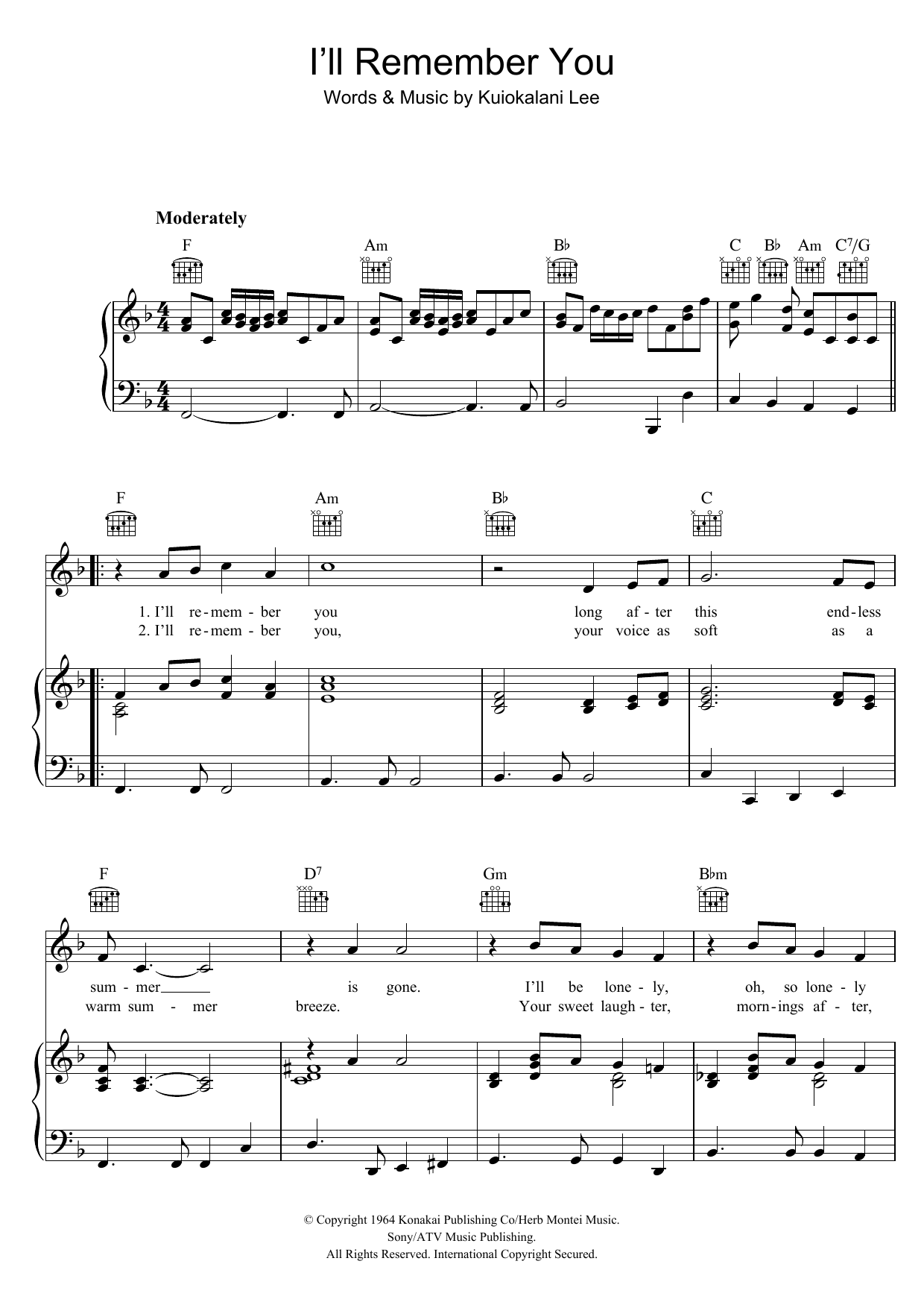 Download Elvis Presley I'll Remember You Sheet Music and learn how to play Piano, Vocal & Guitar (Right-Hand Melody) PDF digital score in minutes