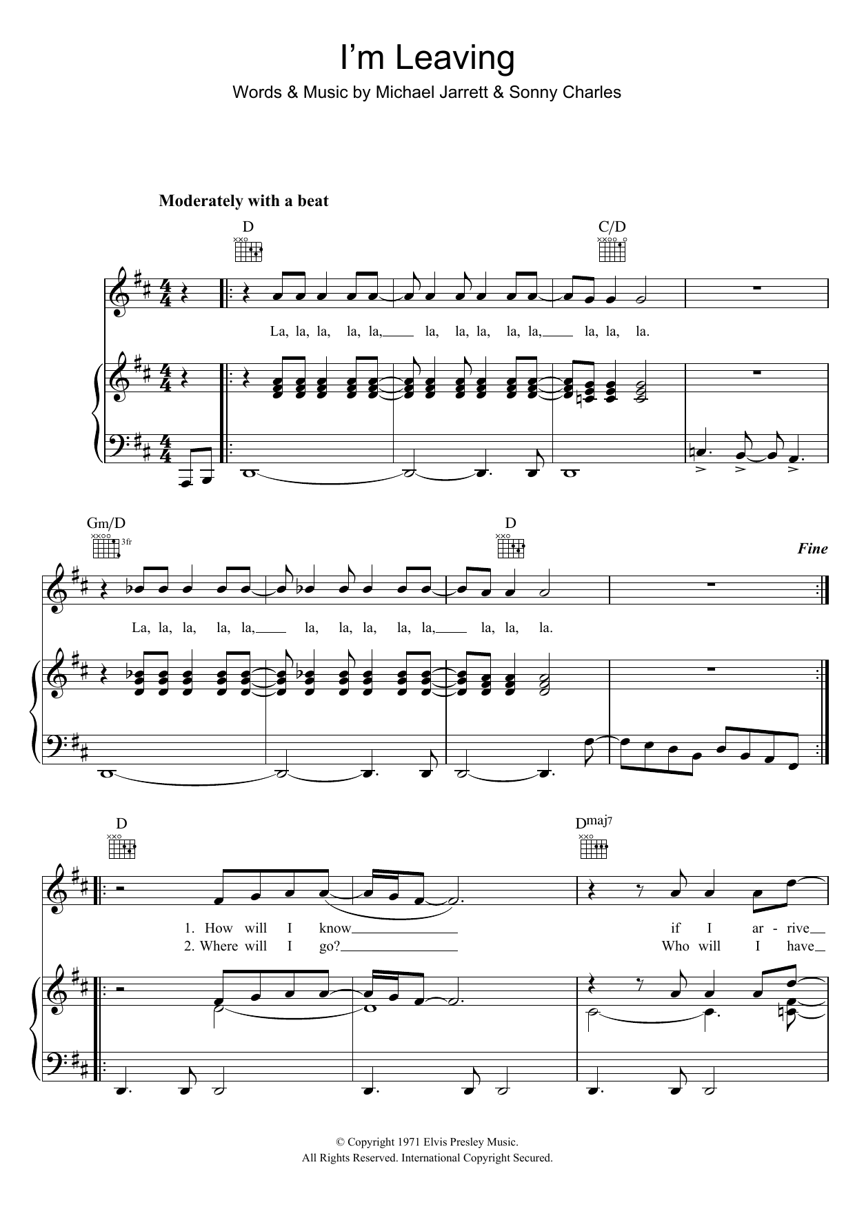 Download Elvis Presley I'm Leaving Sheet Music and learn how to play Piano, Vocal & Guitar (Right-Hand Melody) PDF digital score in minutes