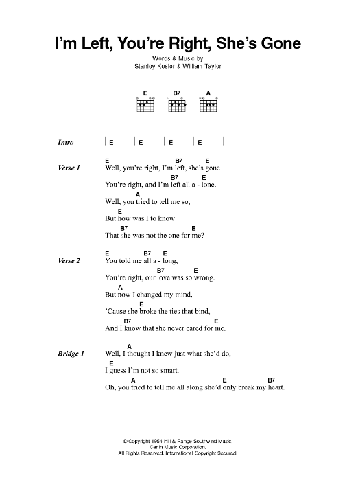 Download Elvis Presley I'm Left, You're Right, She's Gone Sheet Music and learn how to play Piano, Vocal & Guitar (Right-Hand Melody) PDF digital score in minutes