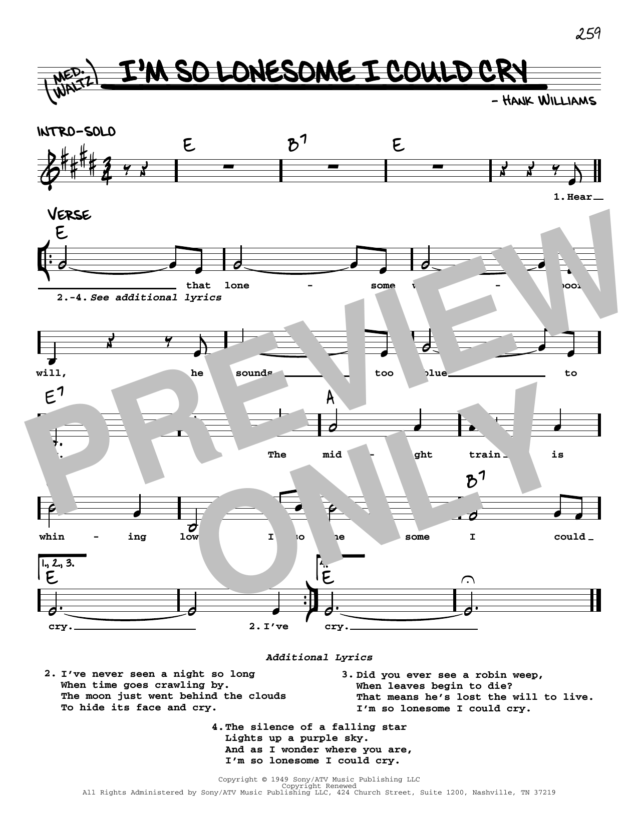 Download Elvis Presley I'm So Lonesome I Could Cry Sheet Music and learn how to play Real Book – Melody, Lyrics & Chords PDF digital score in minutes