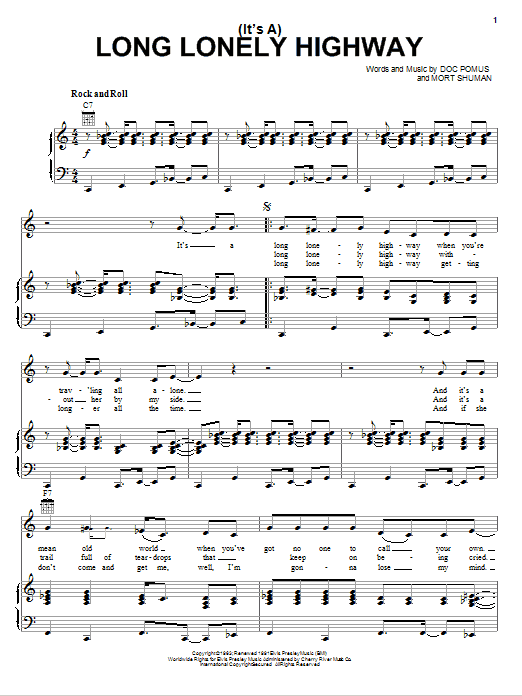 Download Elvis Presley It's A Long Lonely Highway Sheet Music and learn how to play Piano, Vocal & Guitar (Right-Hand Melody) PDF digital score in minutes