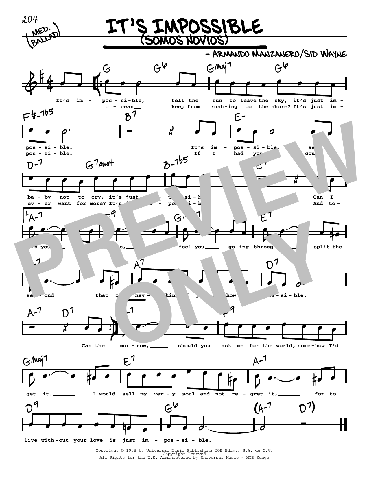 Download Elvis Presley It's Impossible (Somos Novios) (High Voice) Sheet Music and learn how to play Real Book – Melody, Lyrics & Chords PDF digital score in minutes