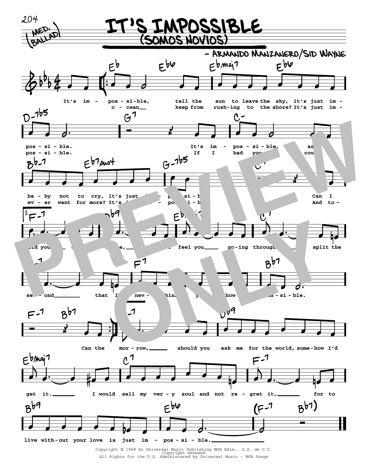 Download Elvis Presley It's Impossible (Somos Novios) (Low Voice) Sheet Music and learn how to play Real Book – Melody, Lyrics & Chords PDF digital score in minutes