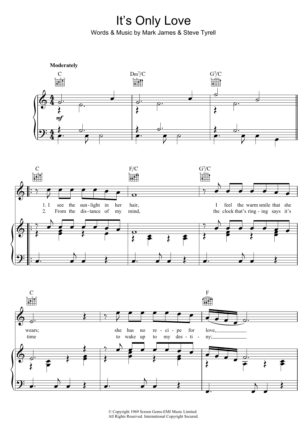 Download Elvis Presley It's Only Love Sheet Music and learn how to play Piano, Vocal & Guitar (Right-Hand Melody) PDF digital score in minutes