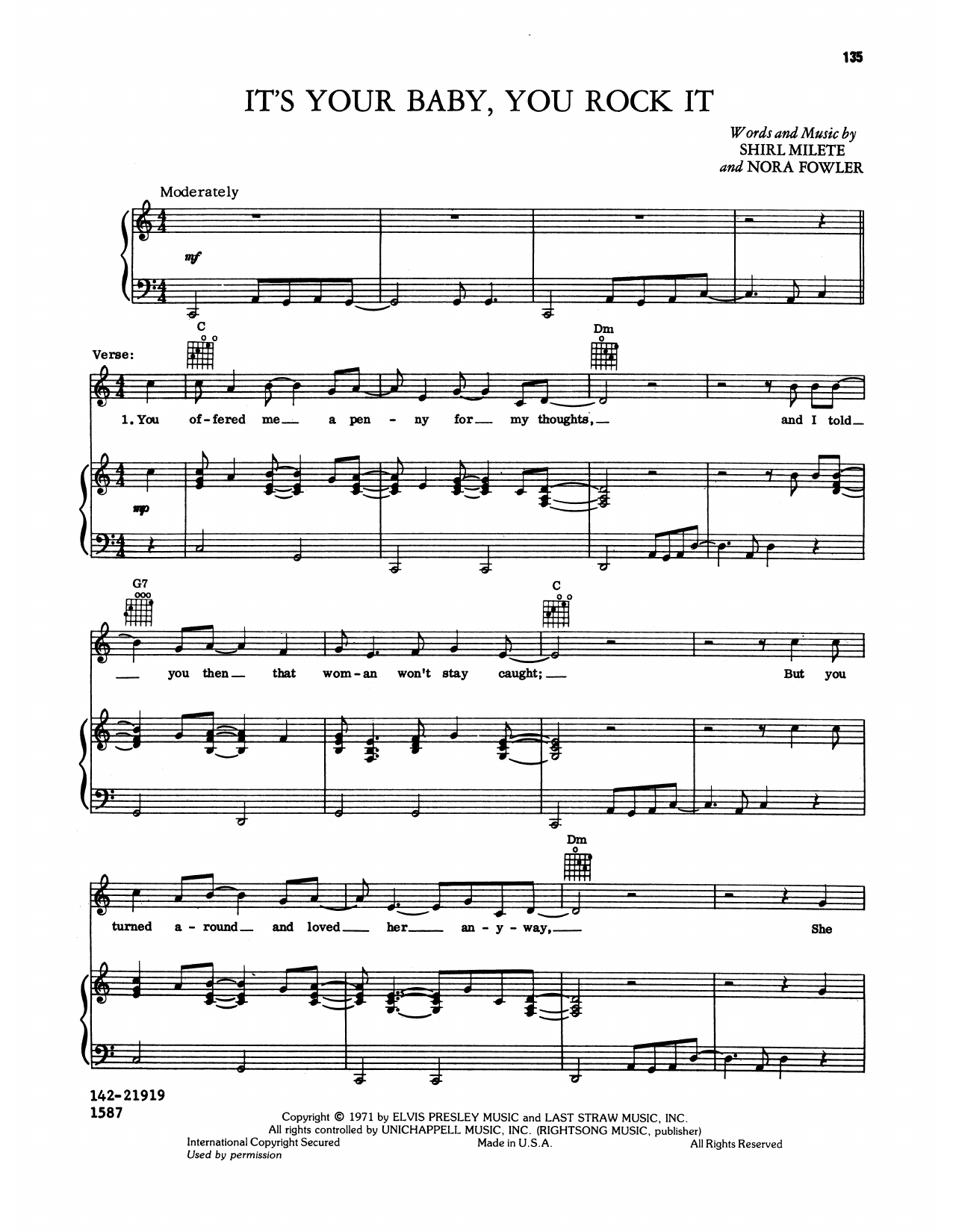Download Elvis Presley It's Your Baby You Rock It Sheet Music and learn how to play Piano, Vocal & Guitar Chords (Right-Hand Melody) PDF digital score in minutes