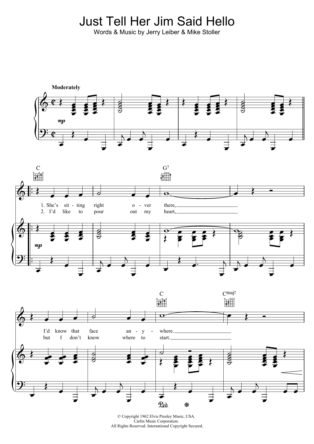 Download Elvis Presley Just Tell Her Jim Said Hello Sheet Music and learn how to play Piano, Vocal & Guitar Chords (Right-Hand Melody) PDF digital score in minutes