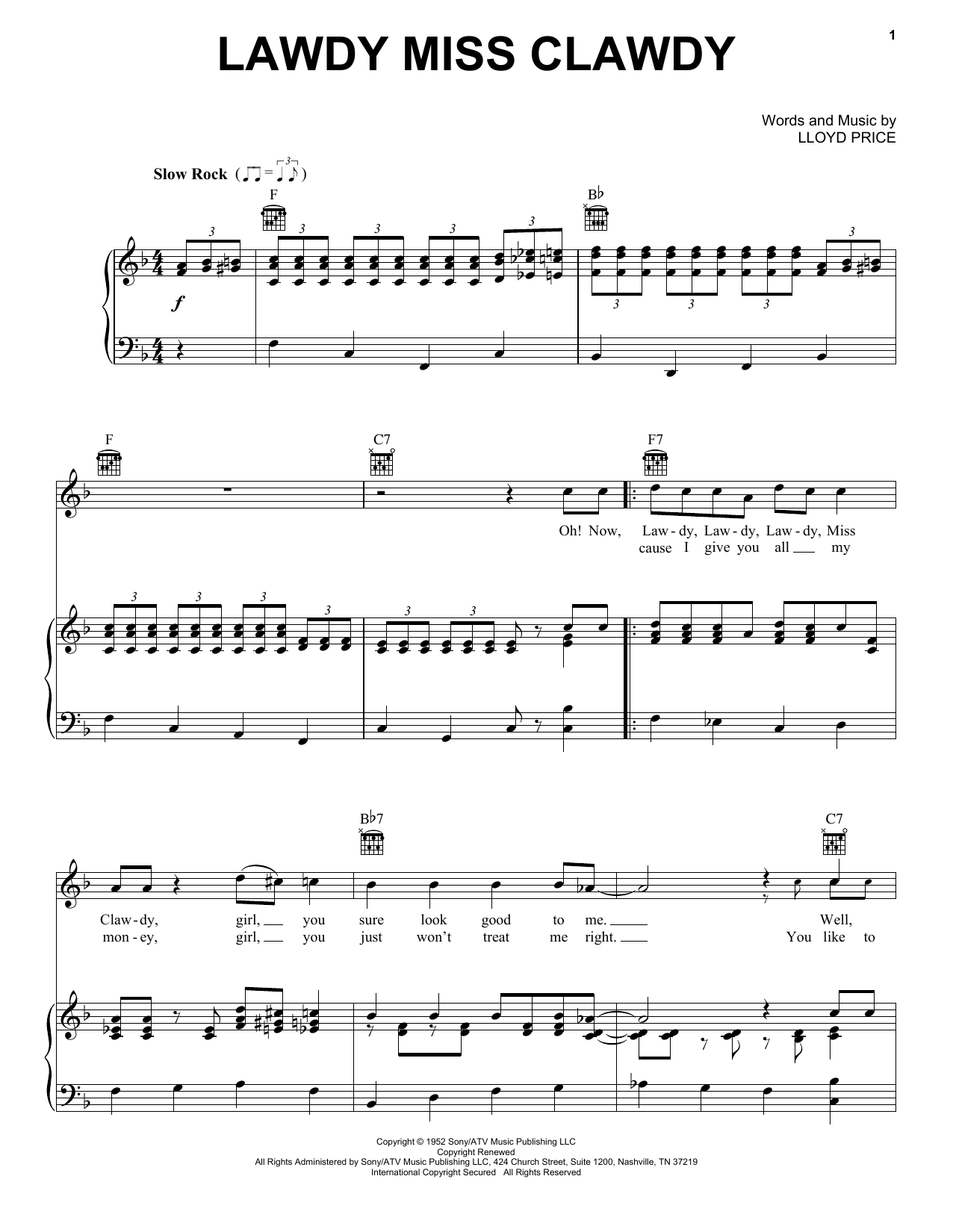 Download Elvis Presley Lawdy Miss Clawdy Sheet Music and learn how to play Piano, Vocal & Guitar (Right-Hand Melody) PDF digital score in minutes