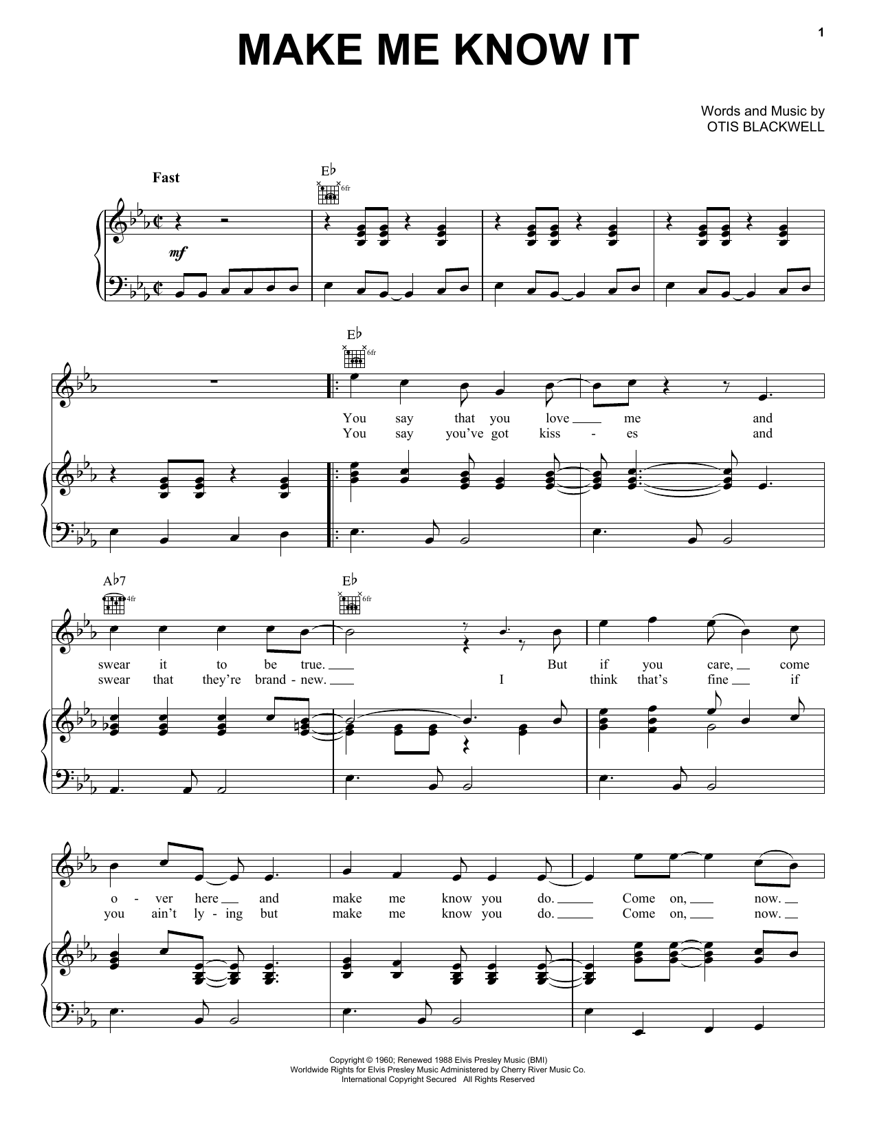 Download Elvis Presley Make Me Know It Sheet Music and learn how to play Piano, Vocal & Guitar Chords (Right-Hand Melody) PDF digital score in minutes