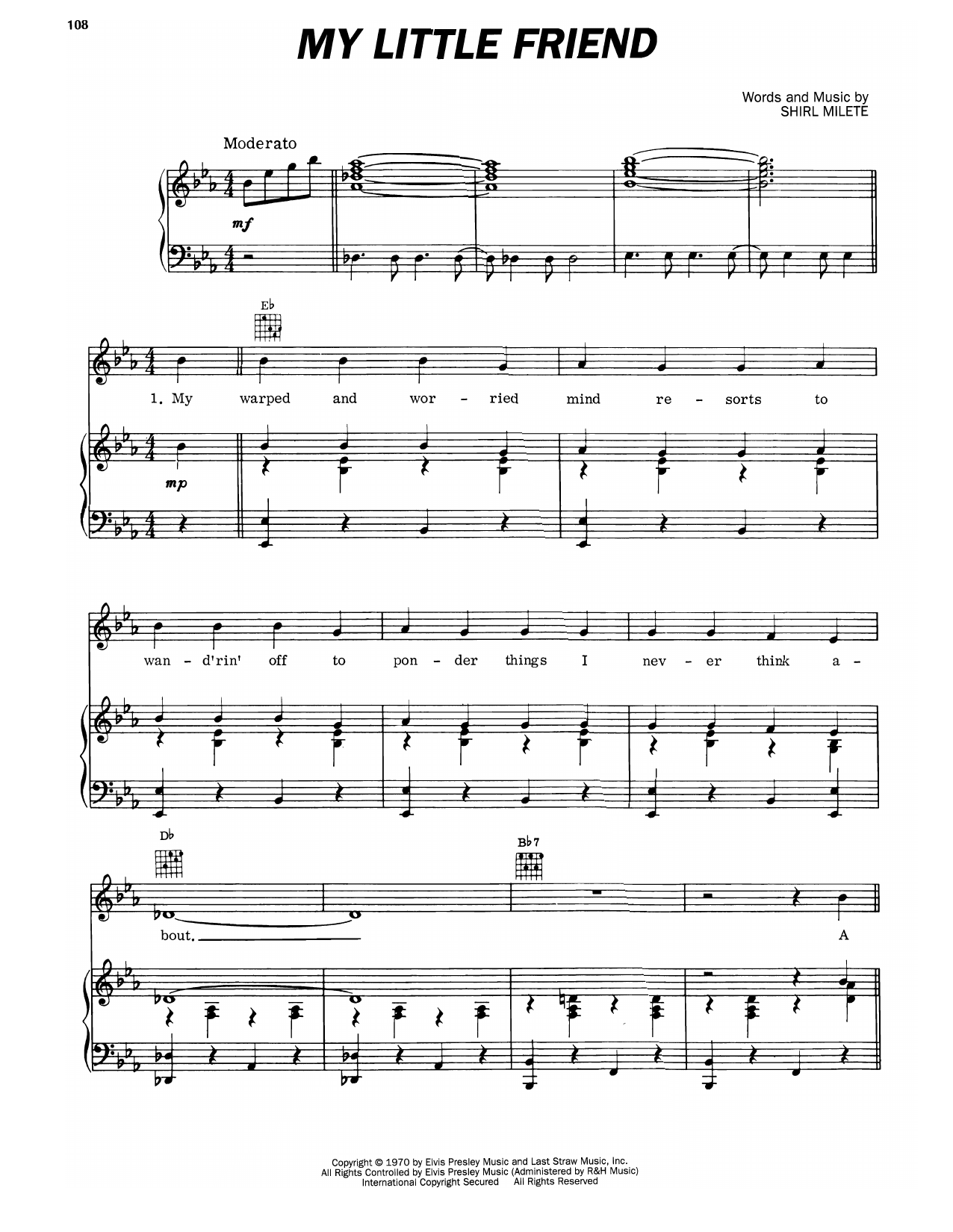 Download Elvis Presley My Little Friend Sheet Music and learn how to play Piano, Vocal & Guitar Chords (Right-Hand Melody) PDF digital score in minutes