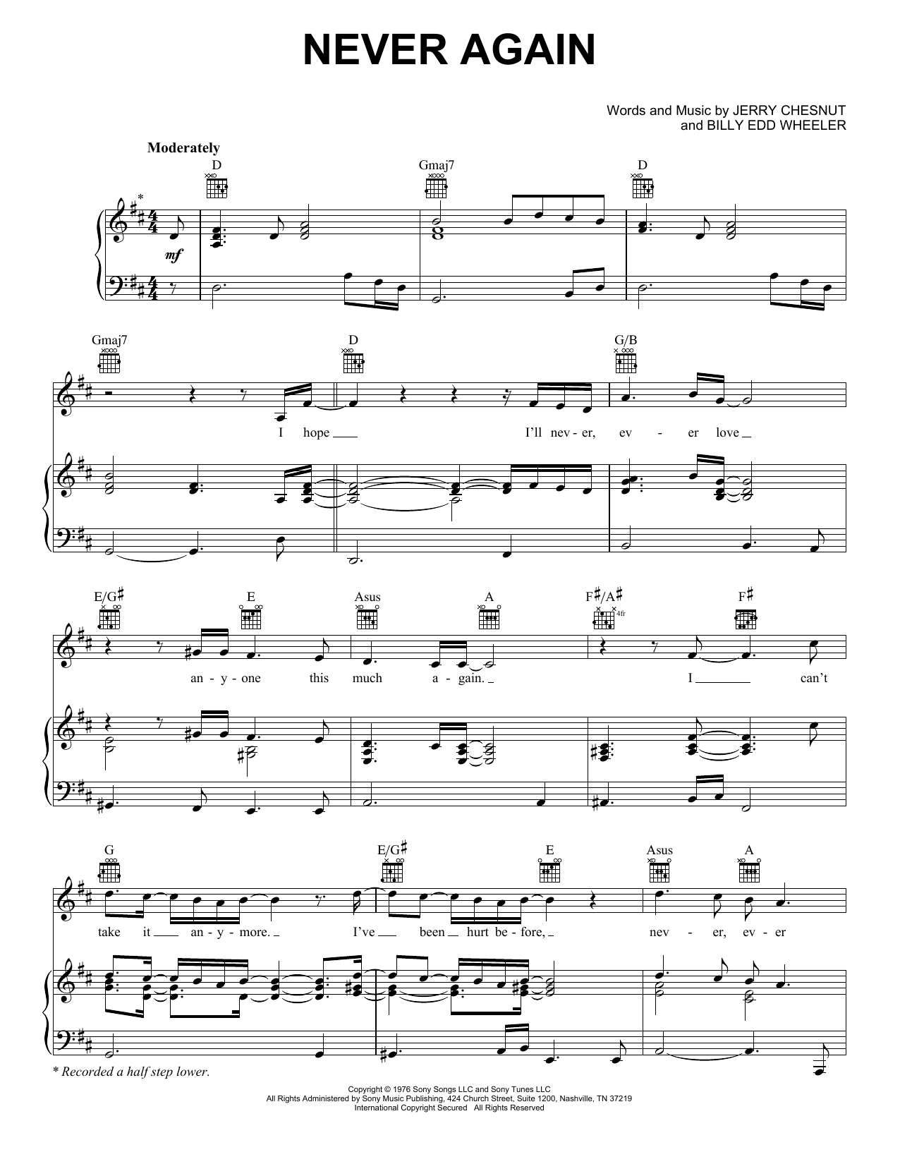 Download Elvis Presley Never Again Sheet Music and learn how to play Piano, Vocal & Guitar Chords (Right-Hand Melody) PDF digital score in minutes