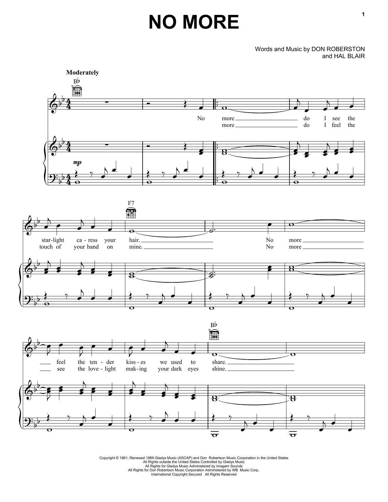 Download Elvis Presley No More Sheet Music and learn how to play Piano, Vocal & Guitar (Right-Hand Melody) PDF digital score in minutes