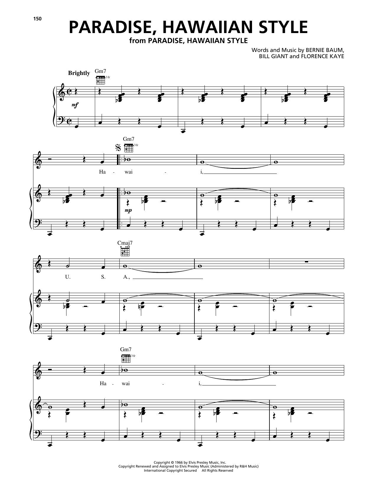 Download Elvis Presley Paradise, Hawaiian Style Sheet Music and learn how to play Piano, Vocal & Guitar Chords (Right-Hand Melody) PDF digital score in minutes