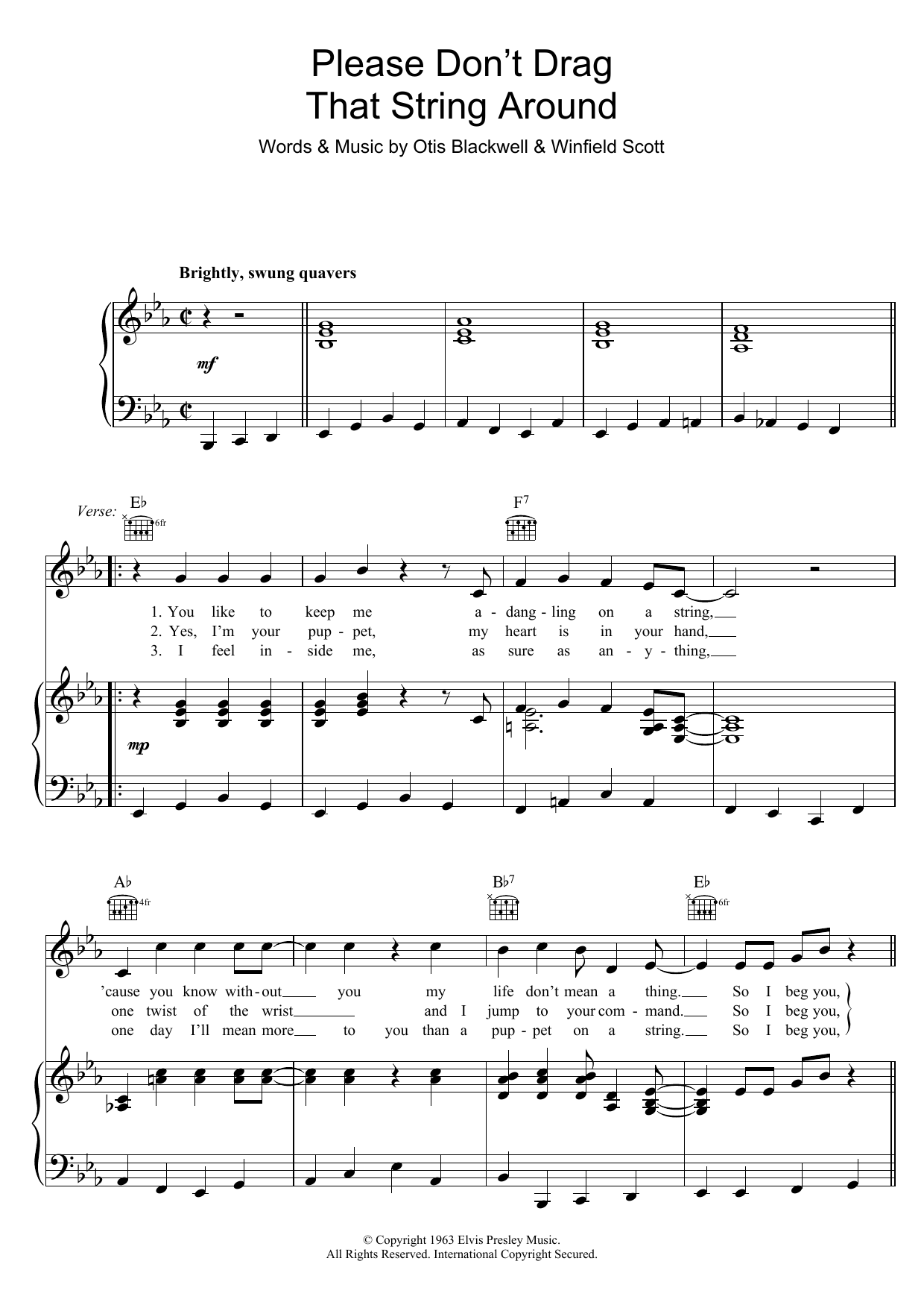 Download Elvis Presley Please Don't Drag That String Around Sheet Music and learn how to play Piano, Vocal & Guitar (Right-Hand Melody) PDF digital score in minutes