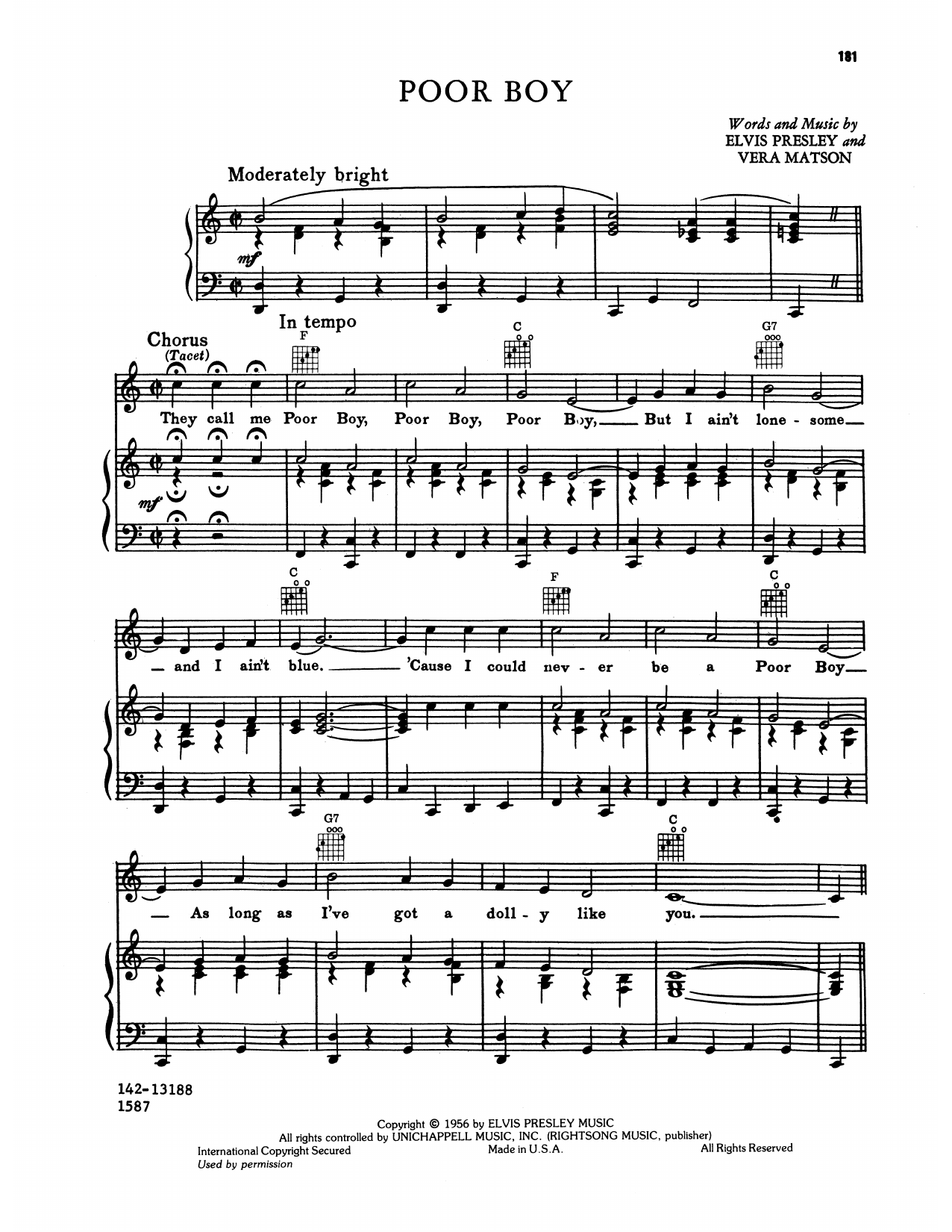 Download Elvis Presley Poor Boy Sheet Music and learn how to play Piano, Vocal & Guitar Chords (Right-Hand Melody) PDF digital score in minutes