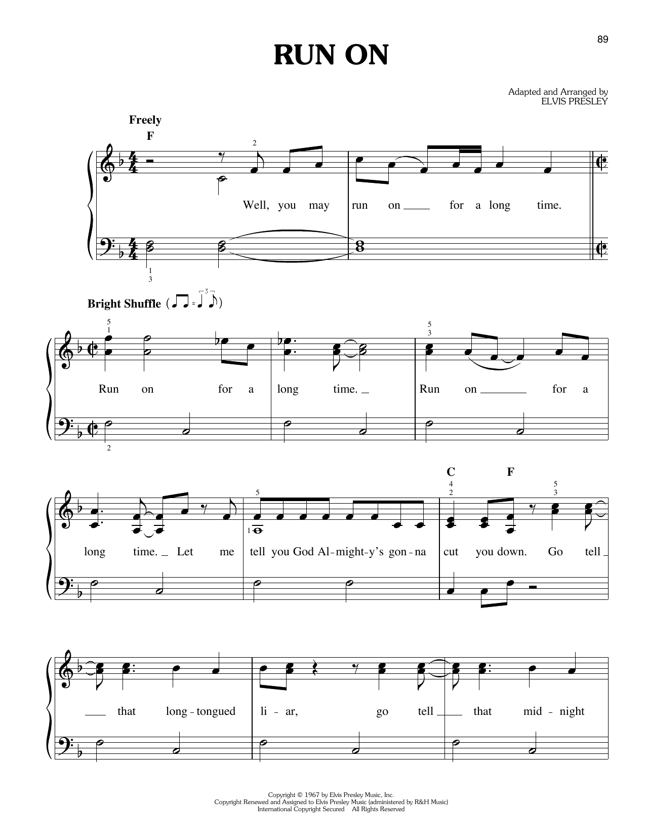 Download Elvis Presley Run On Sheet Music and learn how to play Easy Piano PDF digital score in minutes