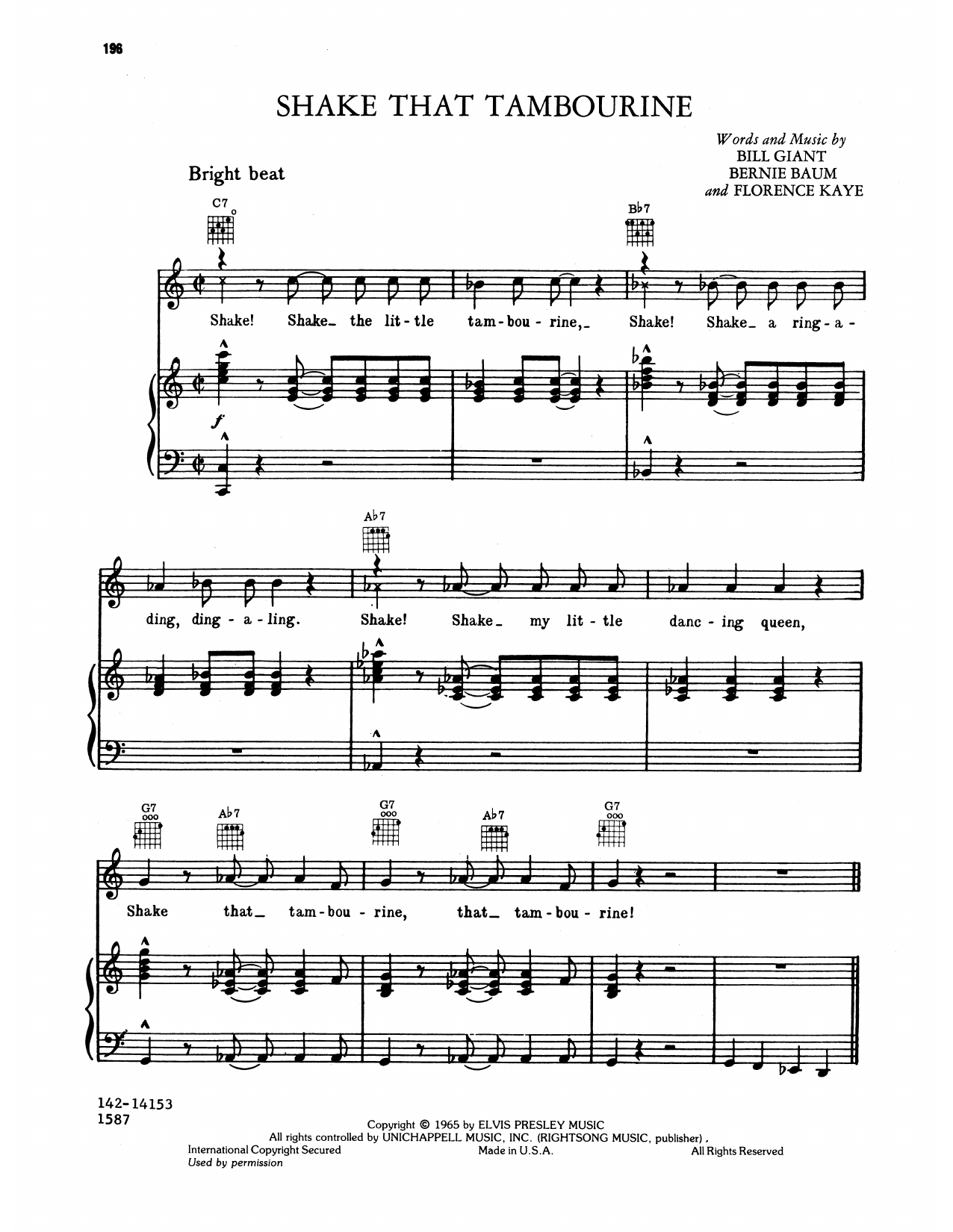 Download Elvis Presley Shake That Tamborine Sheet Music and learn how to play Piano, Vocal & Guitar Chords (Right-Hand Melody) PDF digital score in minutes