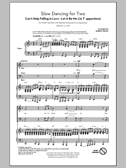 Download Kirby Shaw Can't Help Falling In Love Sheet Music and learn how to play SATB PDF digital score in minutes