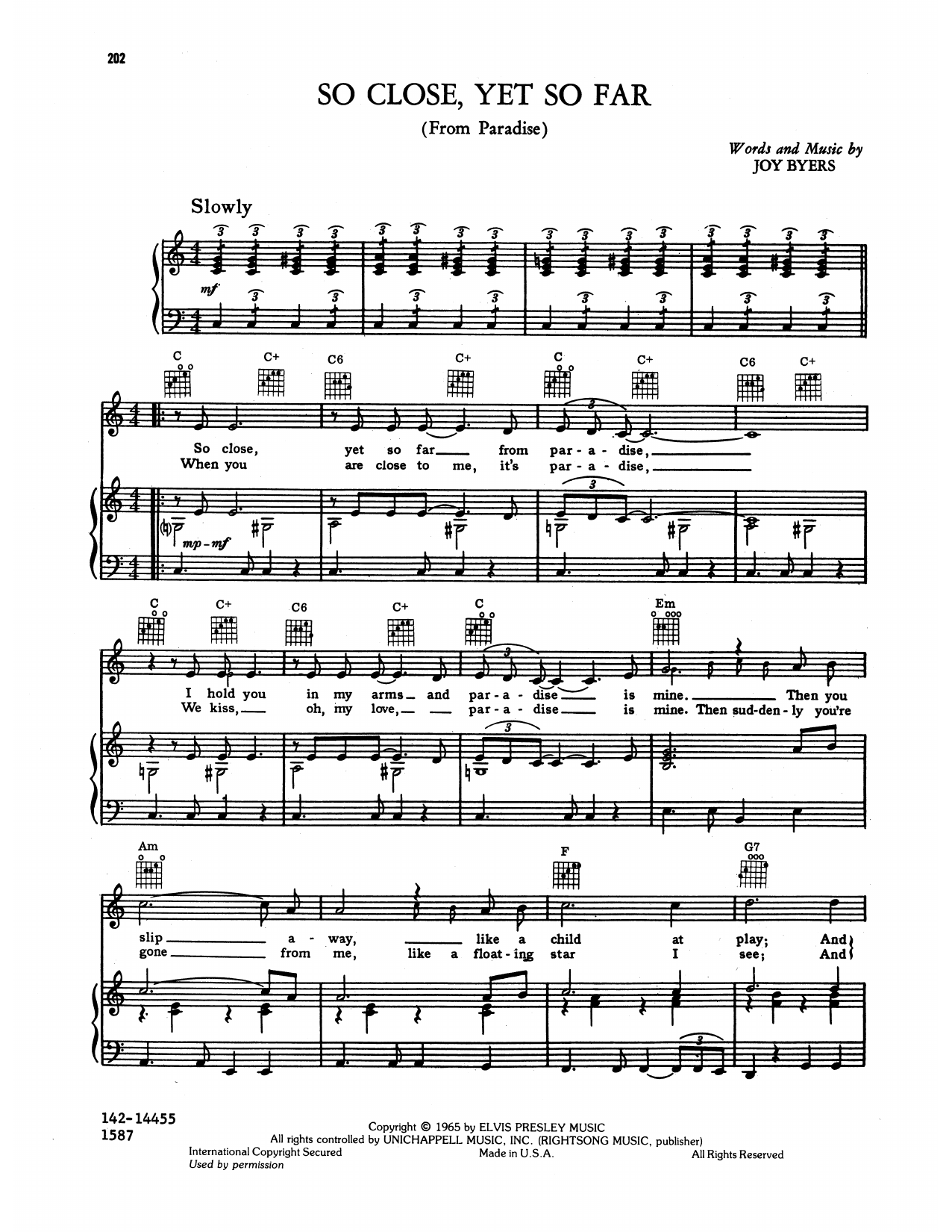 Download Elvis Presley So Close, Yet So Far (from Paradise) Sheet Music and learn how to play Piano, Vocal & Guitar Chords (Right-Hand Melody) PDF digital score in minutes