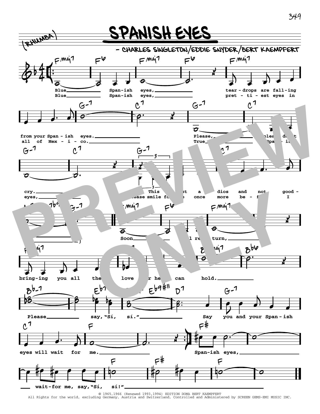 Download Elvis Presley Spanish Eyes (Low Voice) Sheet Music and learn how to play Real Book – Melody, Lyrics & Chords PDF digital score in minutes