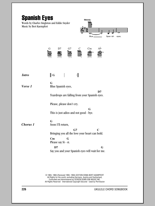 Download Elvis Presley Spanish Eyes Sheet Music and learn how to play Ukulele with strumming patterns PDF digital score in minutes
