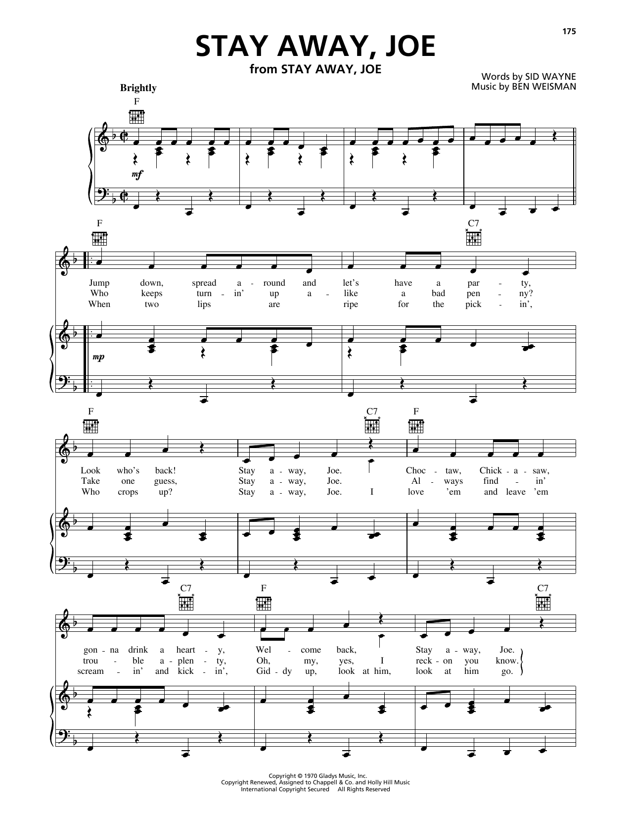 Download Elvis Presley Stay Away, Joe Sheet Music and learn how to play Piano, Vocal & Guitar Chords (Right-Hand Melody) PDF digital score in minutes