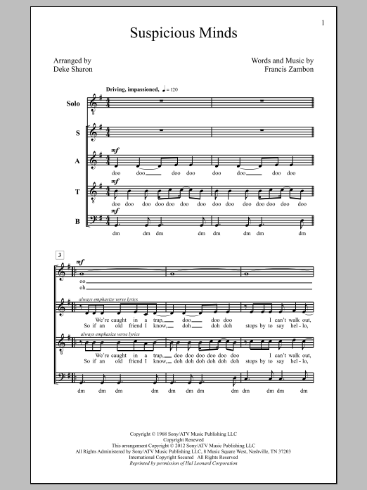 Download Deke Sharon Suspicious Minds Sheet Music and learn how to play Choral PDF digital score in minutes