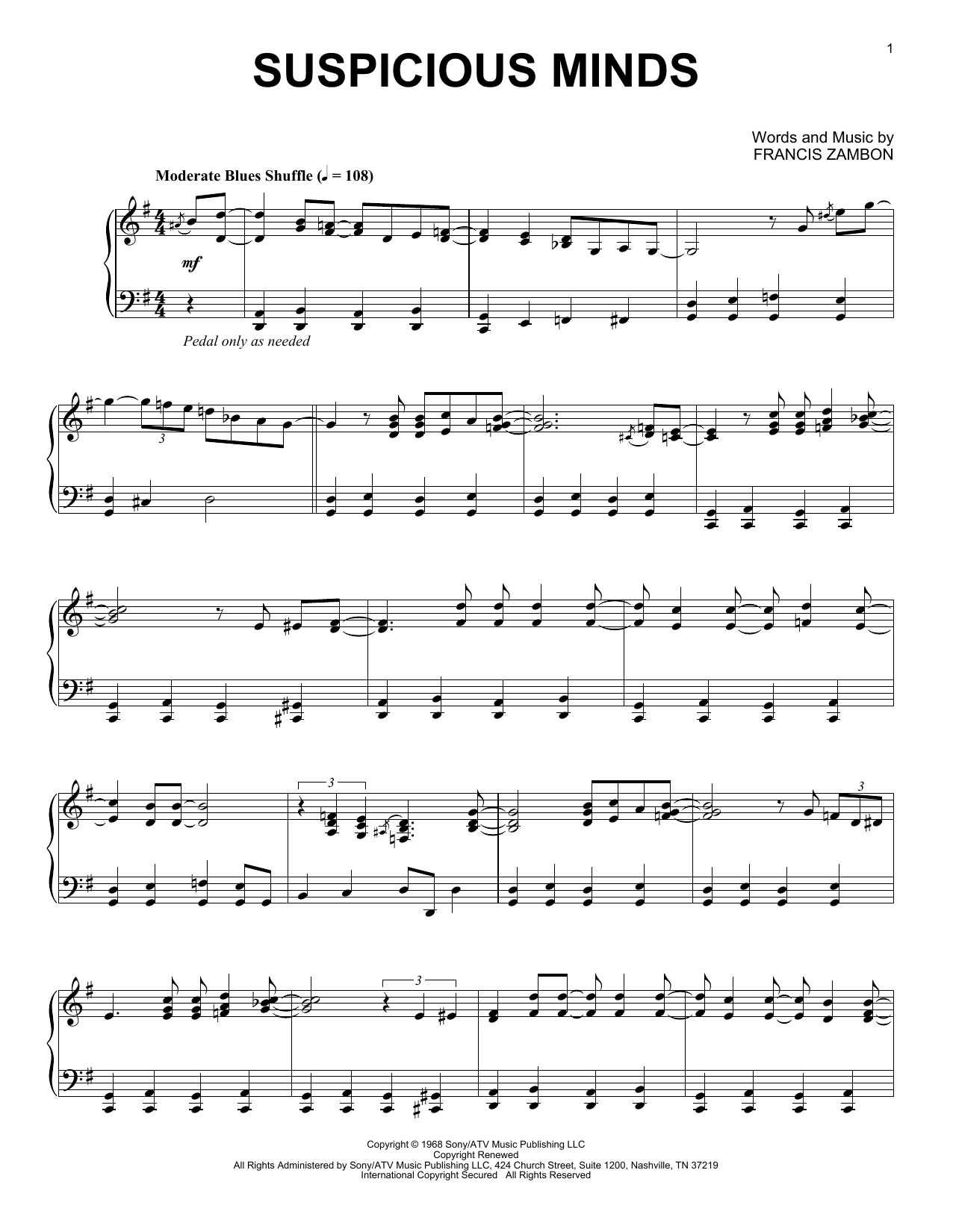 Download Elvis Presley Suspicious Minds [Jazz version] Sheet Music and learn how to play Piano Solo PDF digital score in minutes