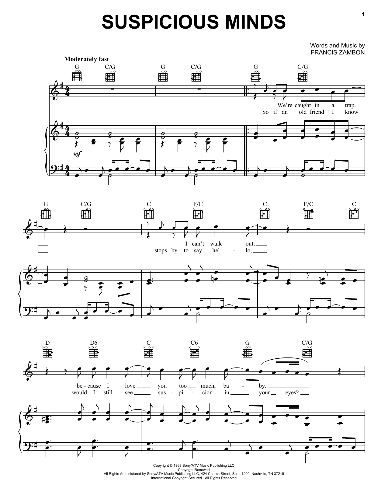 Download Elvis Presley Suspicious Minds Sheet Music and learn how to play Guitar Tab PDF digital score in minutes