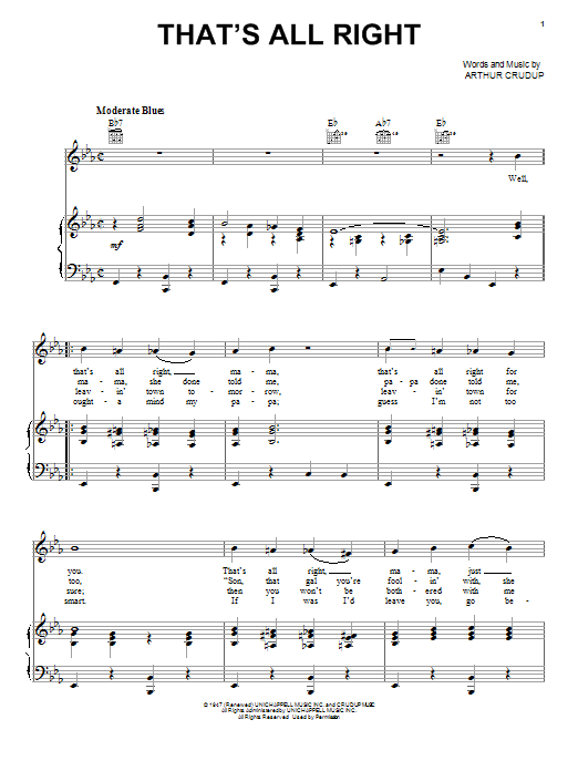 Download Elvis Presley That's All Right Sheet Music and learn how to play Lyrics & Chords PDF digital score in minutes