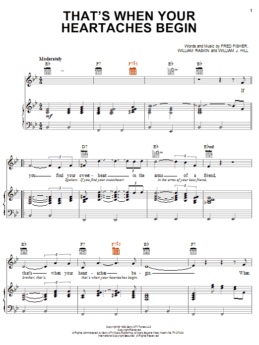 Download Elvis Presley That's When Your Heartaches Begin Sheet Music and learn how to play Piano, Vocal & Guitar (Right-Hand Melody) PDF digital score in minutes