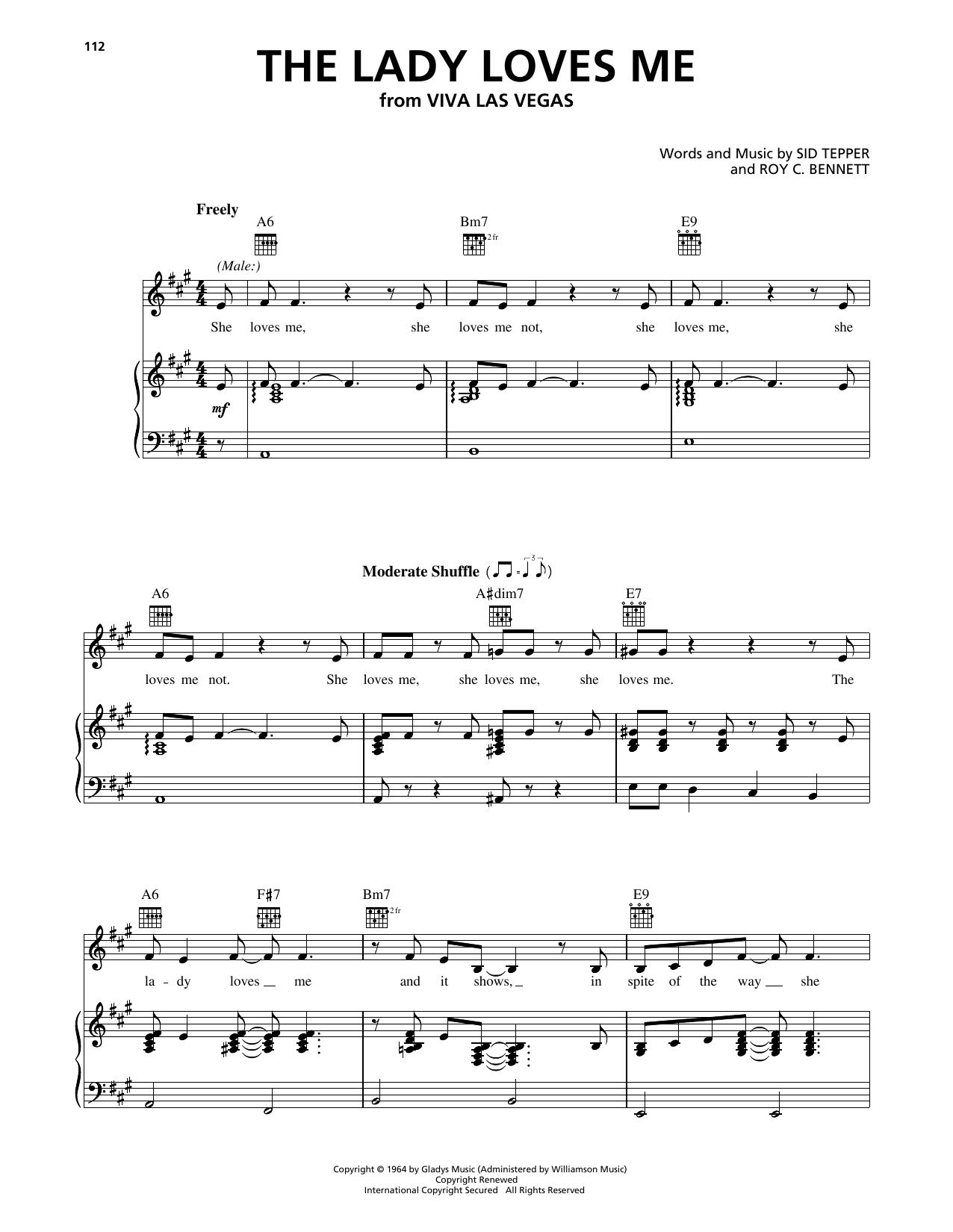 Download Elvis Presley The Lady Loves Me (from Viva Las Vegas) Sheet Music and learn how to play Piano, Vocal & Guitar Chords (Right-Hand Melody) PDF digital score in minutes