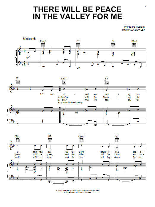 Download Elvis Presley (There'll Be) Peace In The Valley (For Me) Sheet Music and learn how to play Piano, Vocal & Guitar (Right-Hand Melody) PDF digital score in minutes