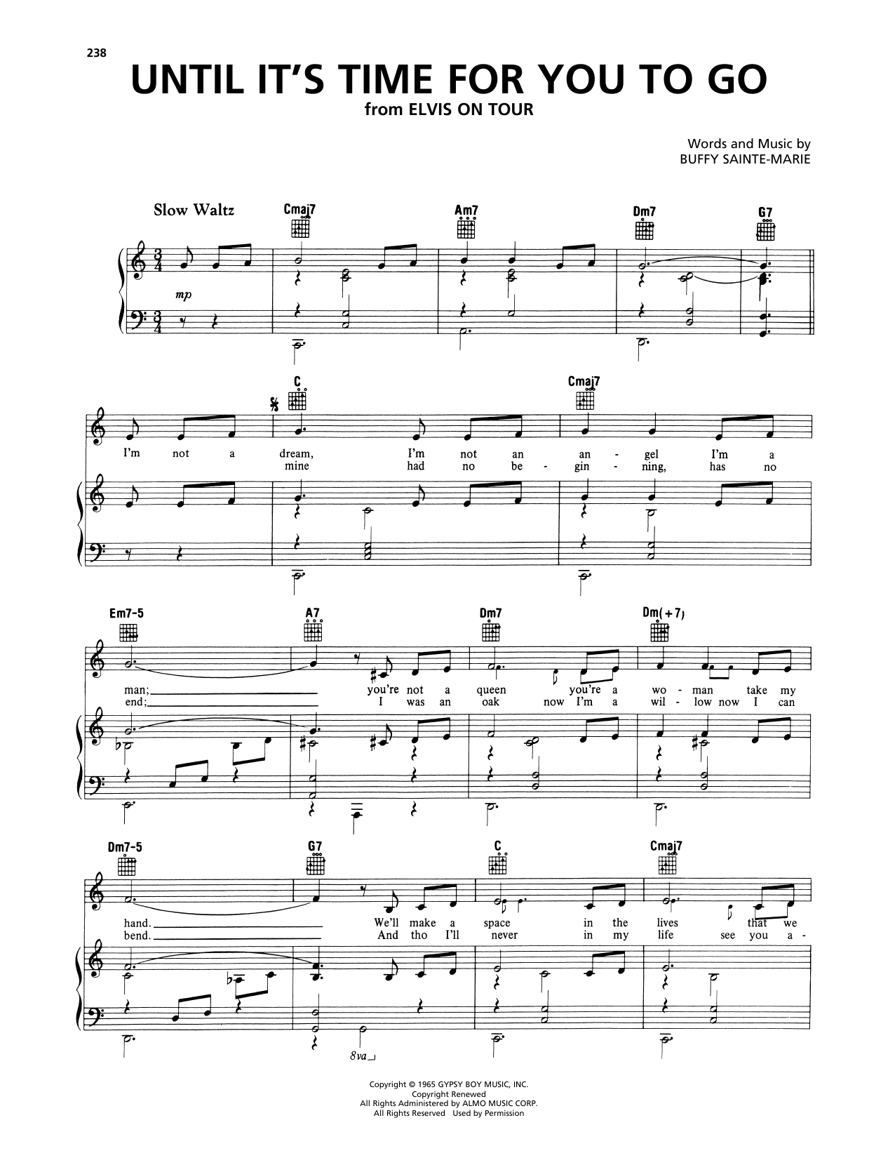Download Elvis Presley Until It's Time For You To Go Sheet Music and learn how to play Piano, Vocal & Guitar Chords (Right-Hand Melody) PDF digital score in minutes